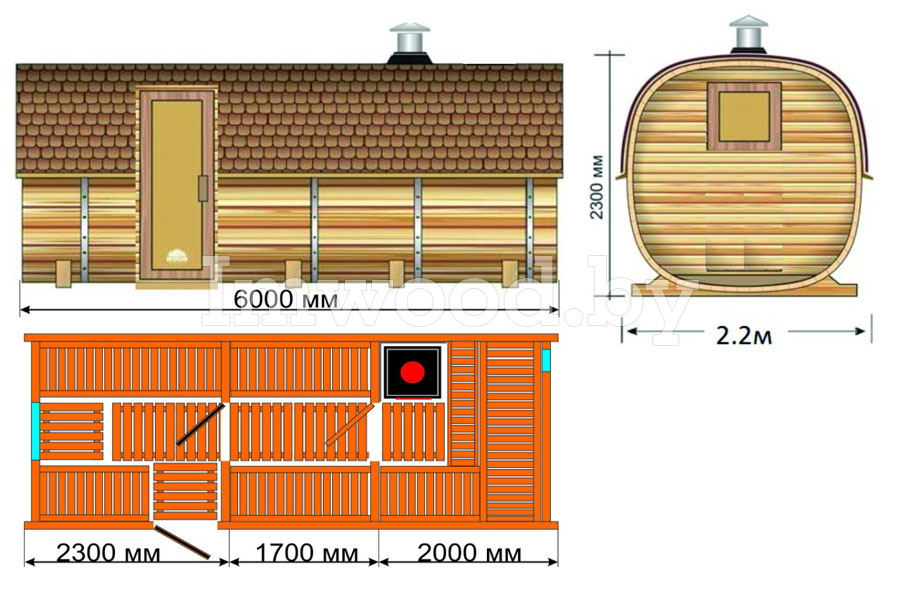 План бани, модель квадро-бочка с боковым входом, 6 метров 