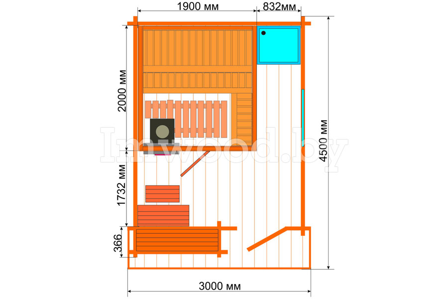 План бани, модель русская баня 3x4,5 метра