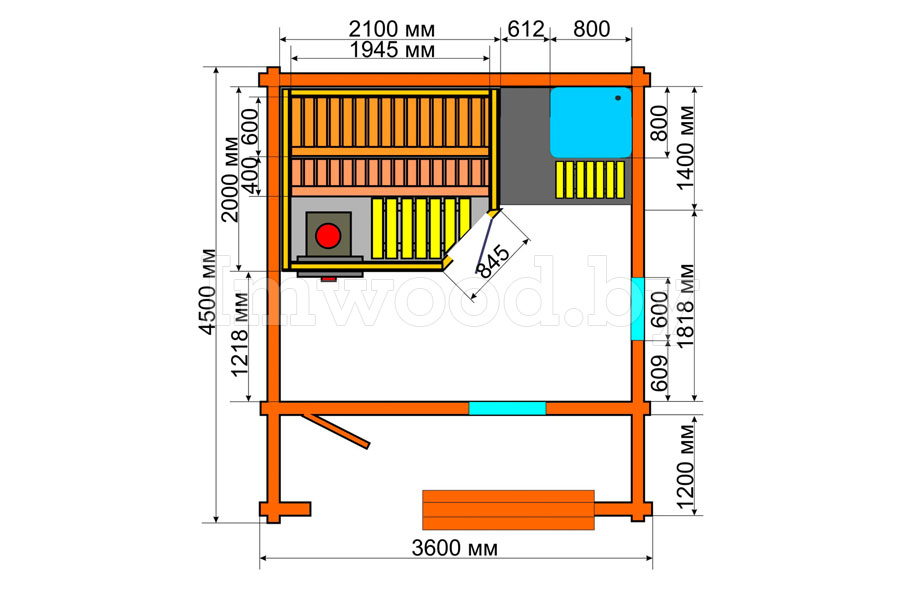 План бани, модель русская баня 3,5x4,5 метра